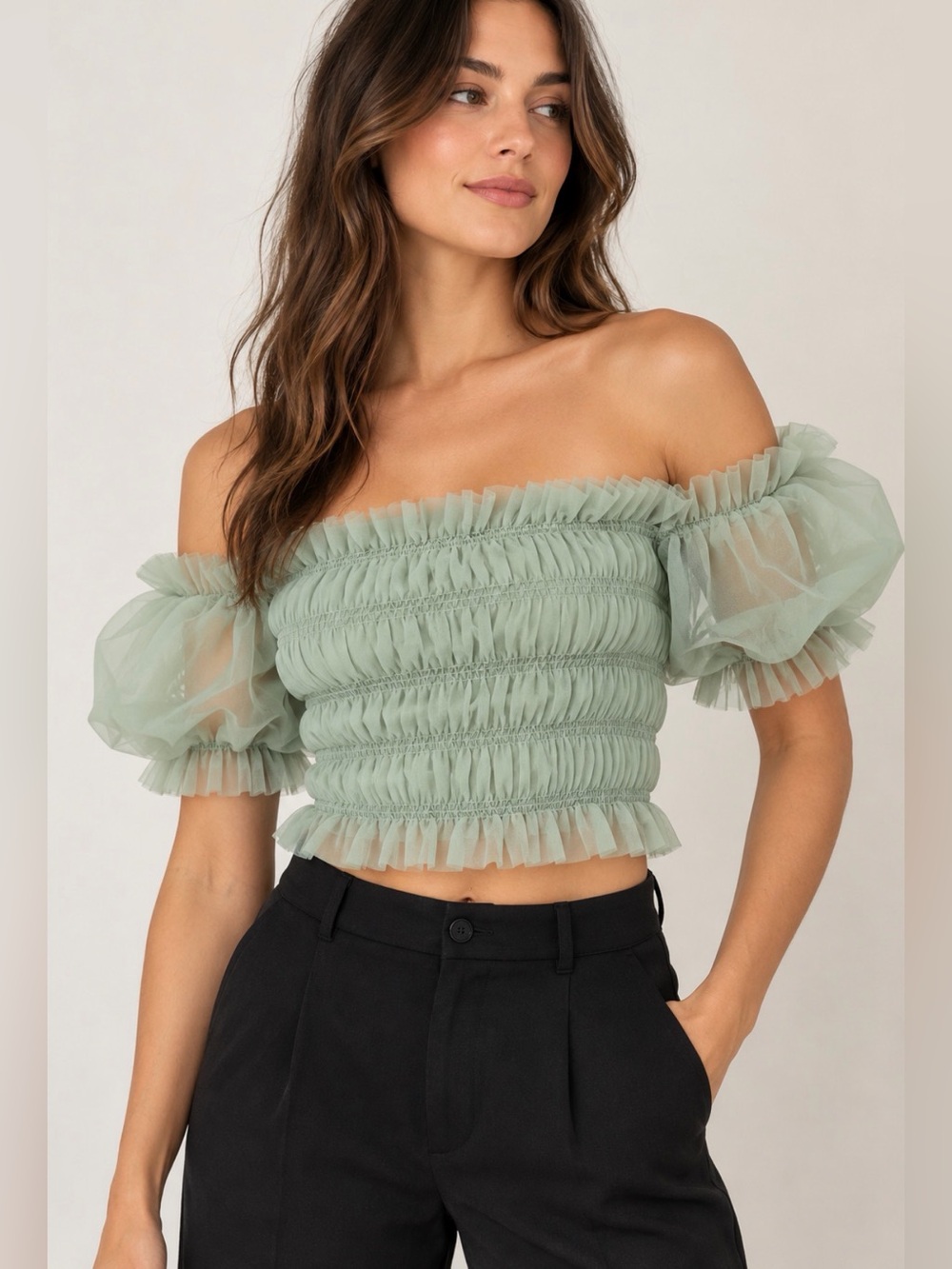Sage Green Sheer Puff Sleeve Ruched Crop Top